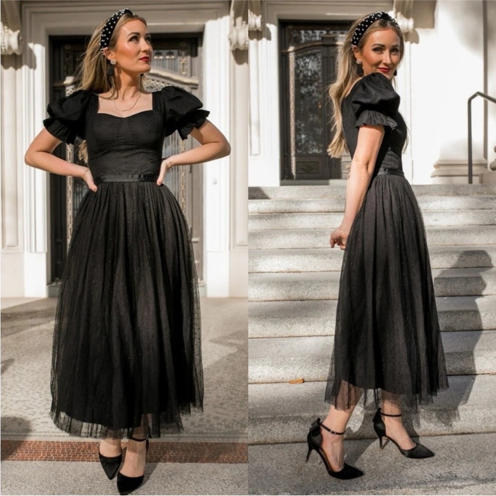 Ivy City Co Ballerina Puff Sleeve Tulle Swiss Dot Midi Dress 1X New